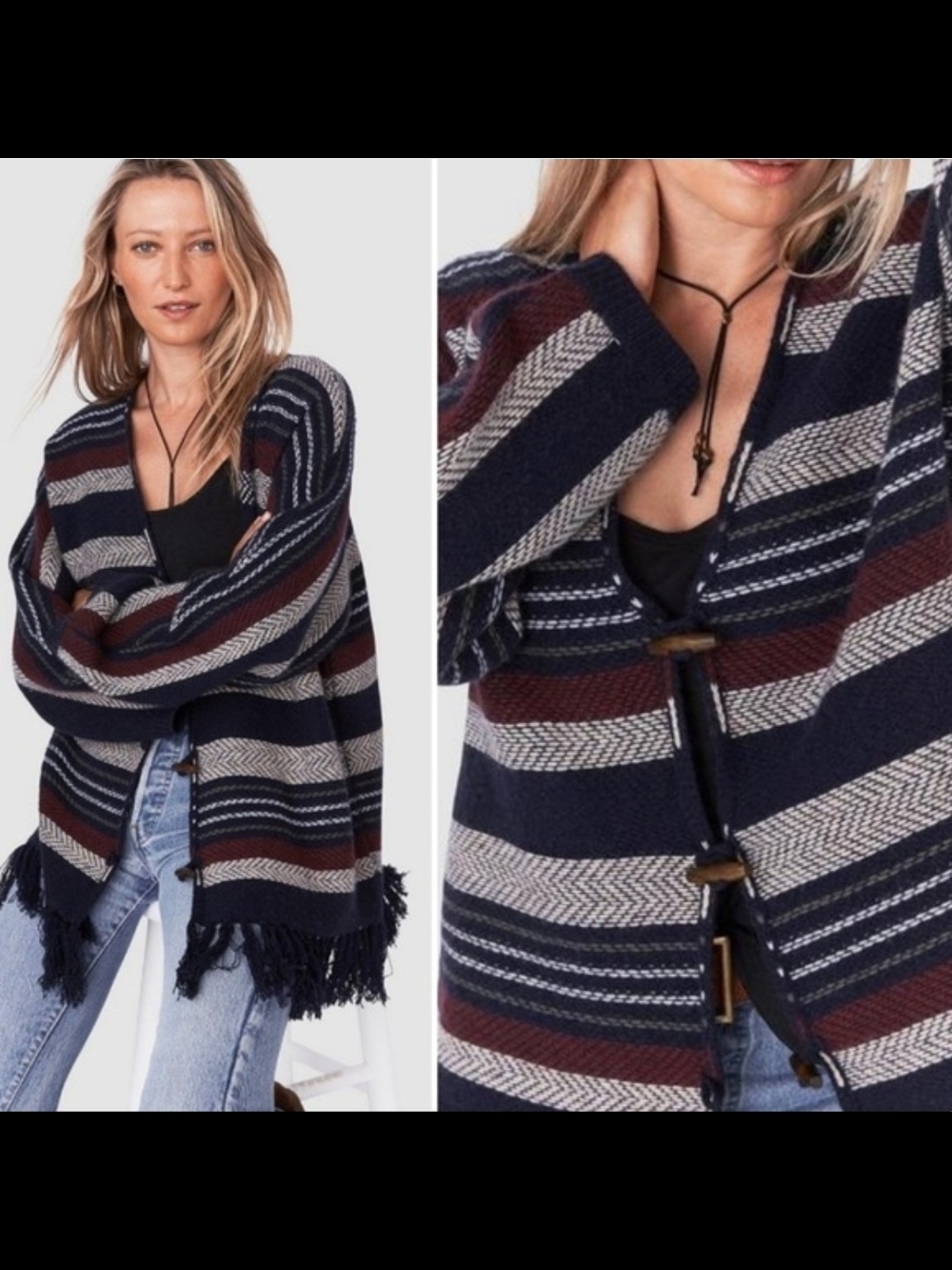 Faherty Toggle Sweater Cashmere Blend With Fringes Bohemian Sweater